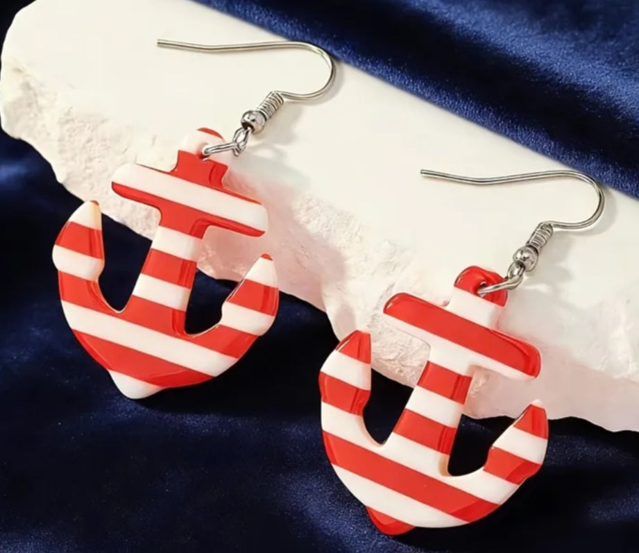 Acrylic Anchor Marine Nautical Striped Design Red White  Drop Dangle Earrings