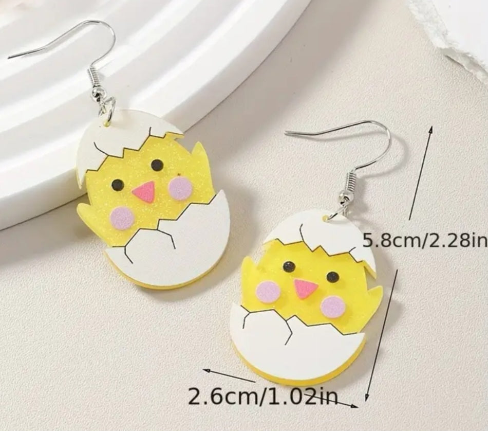 Acrylic Cartoon Chick Easter Egg Yellow Chicken Spring Design Drop Dangle Earrings