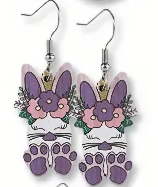 Cartoon Easter Bunny Rabbit Purple Flowers Spring Design Wood Drop Dangle Earrings