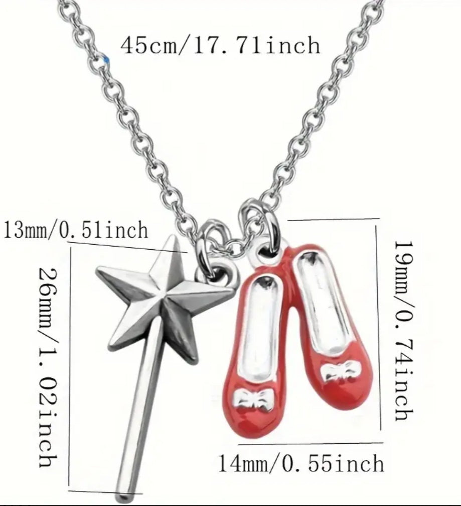Dorothy's Ruby Red Slippers Glinda's Wand Wizard Of Oz Inspired Enamel Painted Double Charm Pendant Necklace