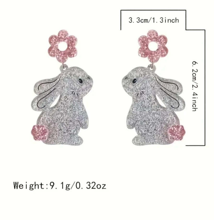 Acrylic Easter Bunny Roabbit Flower Spring Design Glitter Sparkle Drop Dangle Earrings