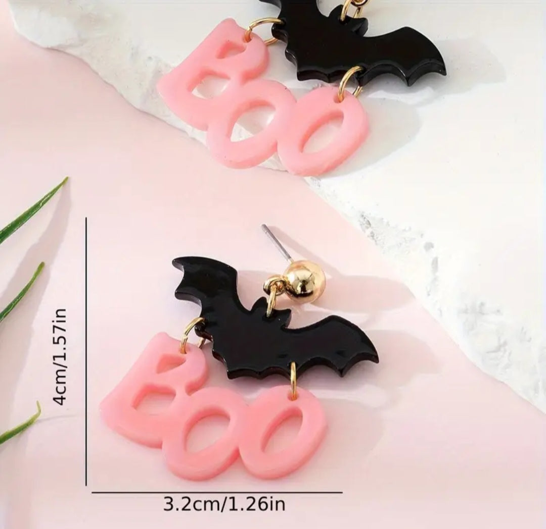 Acrylic Boo Hinged Pastel Pink Matt Black Halloween Gothic Design Drop Dangle Earrings