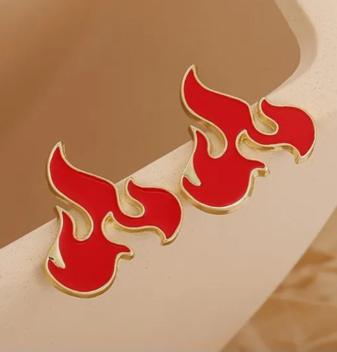 Flame Fire Enamel Painted Gold Plated Red Metal Stud Earrings