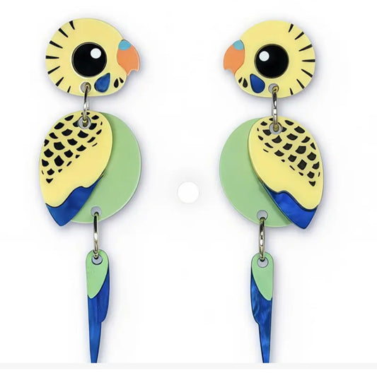 3 Part Hinged Acrylic Australia Budgie Budgerigar Cockatoo Parrot Bird Design Drop Dangle Earrings