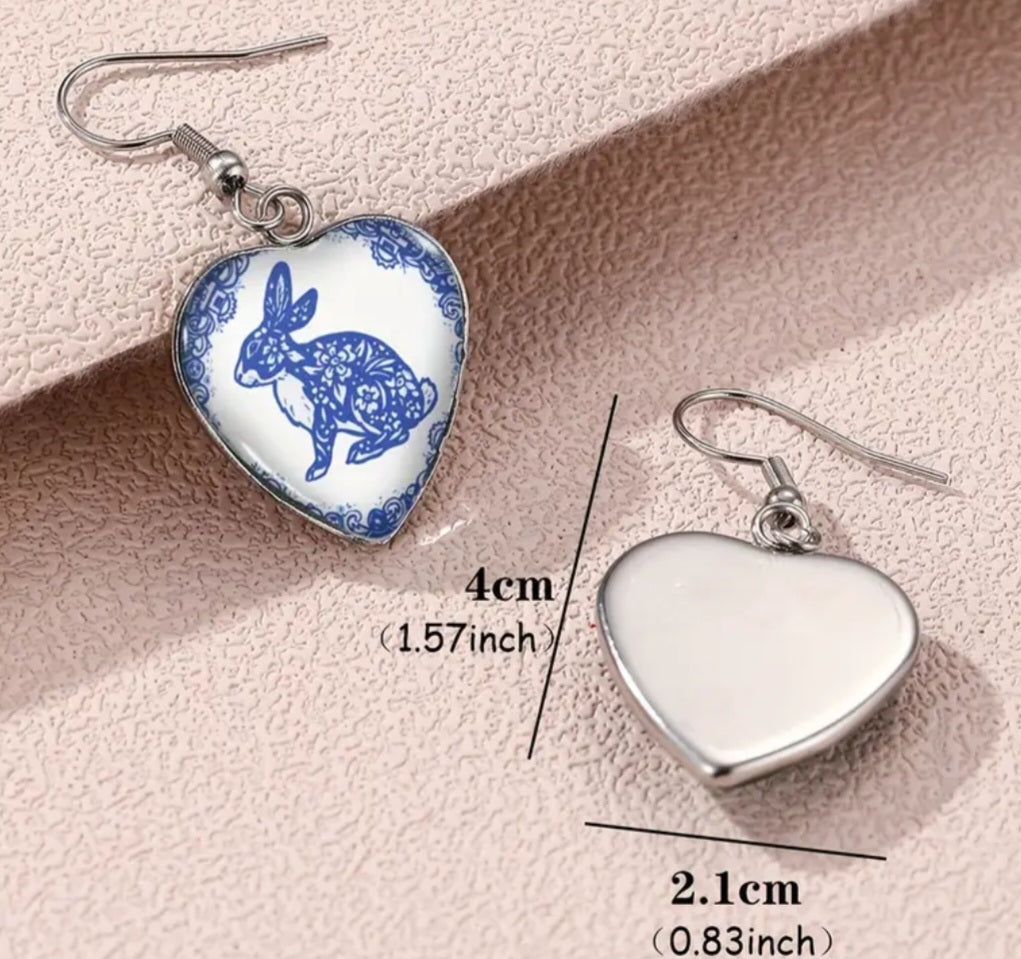 Classic Blue Bunny Rabbit Easter Spring Design Heart Shape Glass resin Drop Dangle Earrings