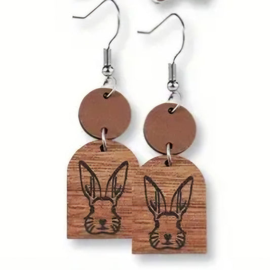 Cartoon Easter Bunny Rabbit Face Spring Design Wood Drop Dangle Earrings