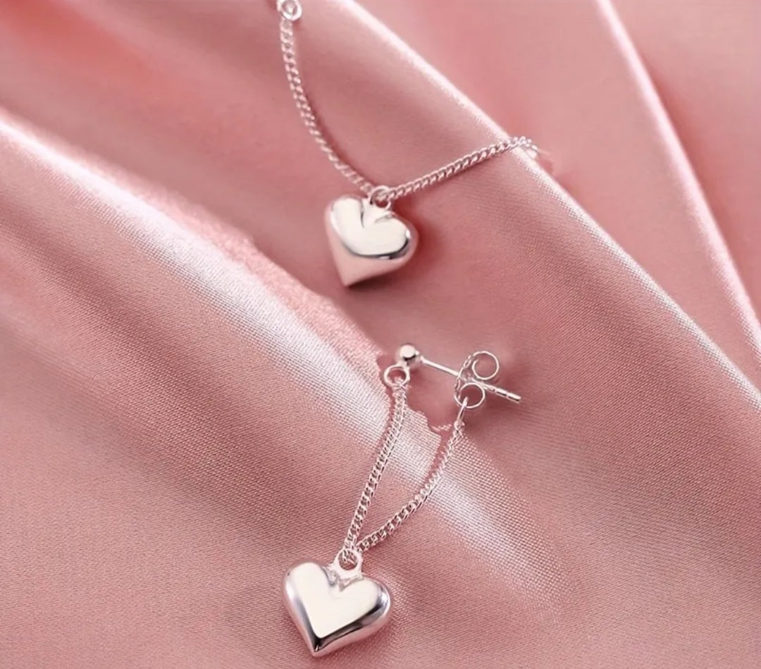 Chain Heart Drop Design Dainty Silver Plated Earrings
