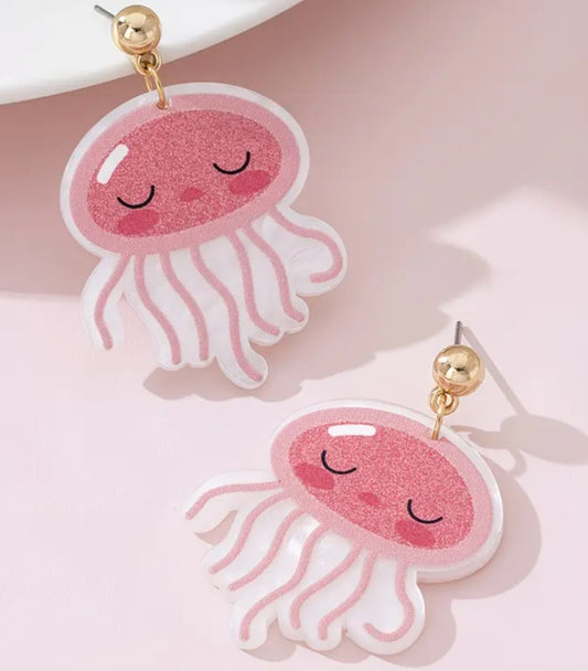 Acrylic Cartoon Jellyfish Pink Design Drop Dangle Earrings
