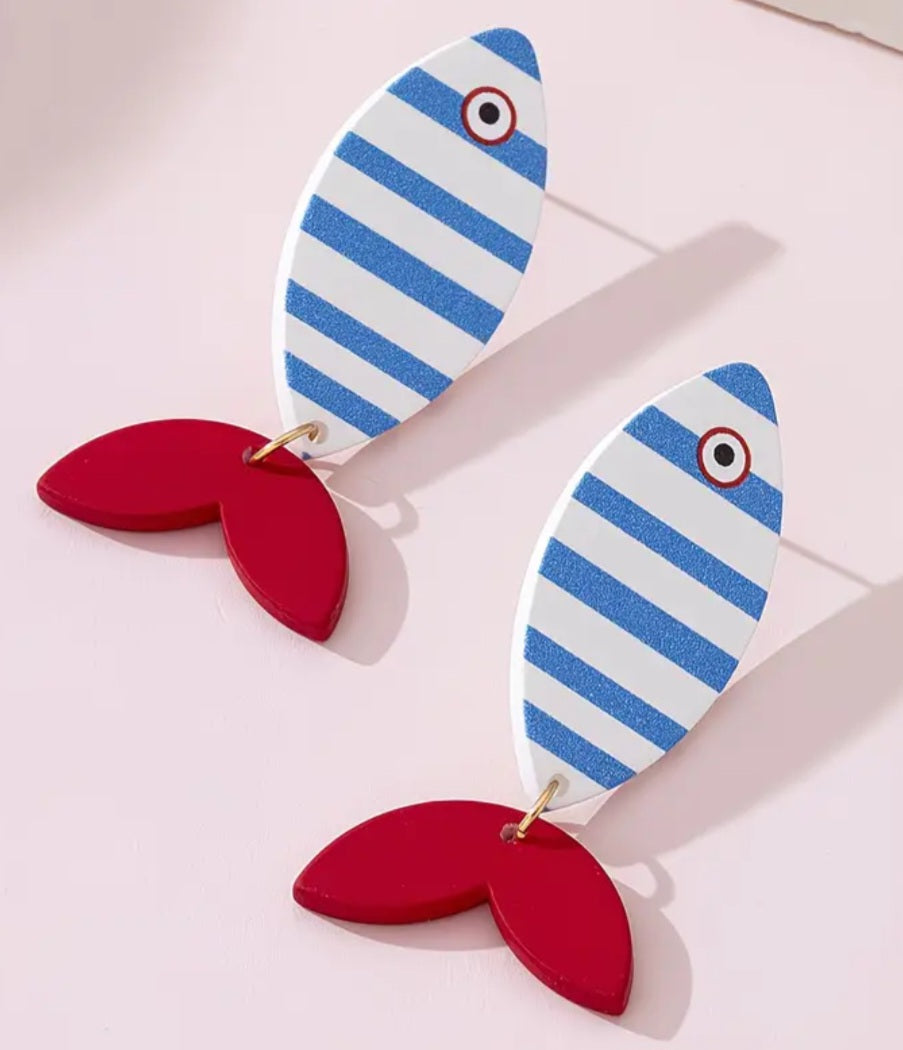 Acrylic Cartoon Fish Marine Ocean Theme Striped Design Drop Dangle Earrings