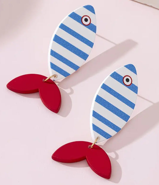 Acrylic Cartoon Fish Marine Ocean Theme Striped Design Drop Dangle Earrings