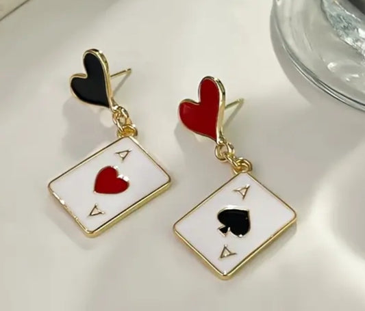 Ace Playing Card Enamel Painted Gold Plated Heart Drop Design Small Dangle Earrings