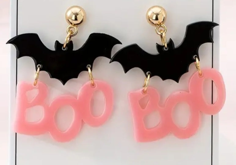 Acrylic Boo Hinged Pastel Pink Matt Black Halloween Gothic Design Drop Dangle Earrings