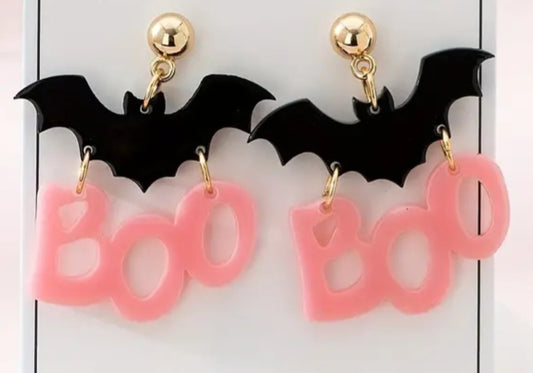 Acrylic Boo Hinged Pastel Pink Matt Black Halloween Gothic Design Drop Dangle Earrings