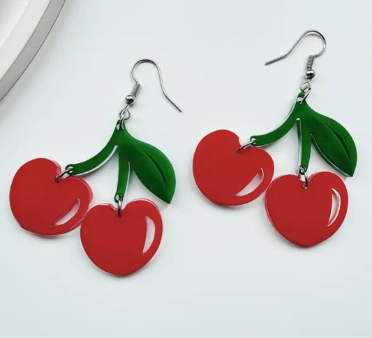 Acrylic Cherry Heart Design Red Drop Dangle Earrings
