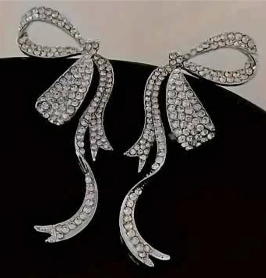 Giant Bling Bow Ribbon Style Rhinestone Inlay Silver Plated Huge Stud Earrings
