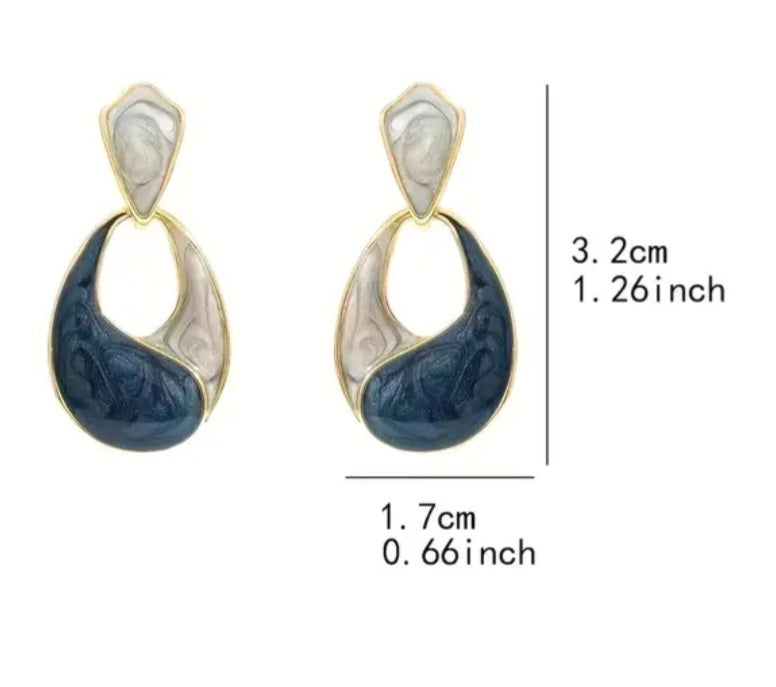 Classy Elegant Enamel Painted Blue Grey Swirl Design Gold Plated Tear Drop Dangle Earrings