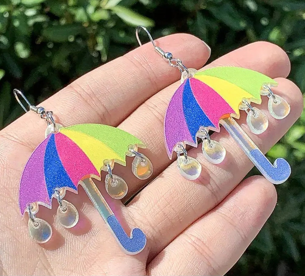 Acrylic Cartoon Colourful Rainbow Umbrella Rain Drop Design Drop Dangle Earrings