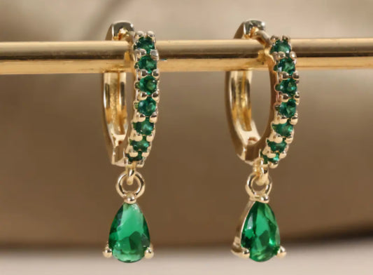 Dainty Small Copper Filled Gold Plated Cubic Zirconia Emerald Green Coloured Gems Tear Drop Mini Huggie Style Hoop Earrings