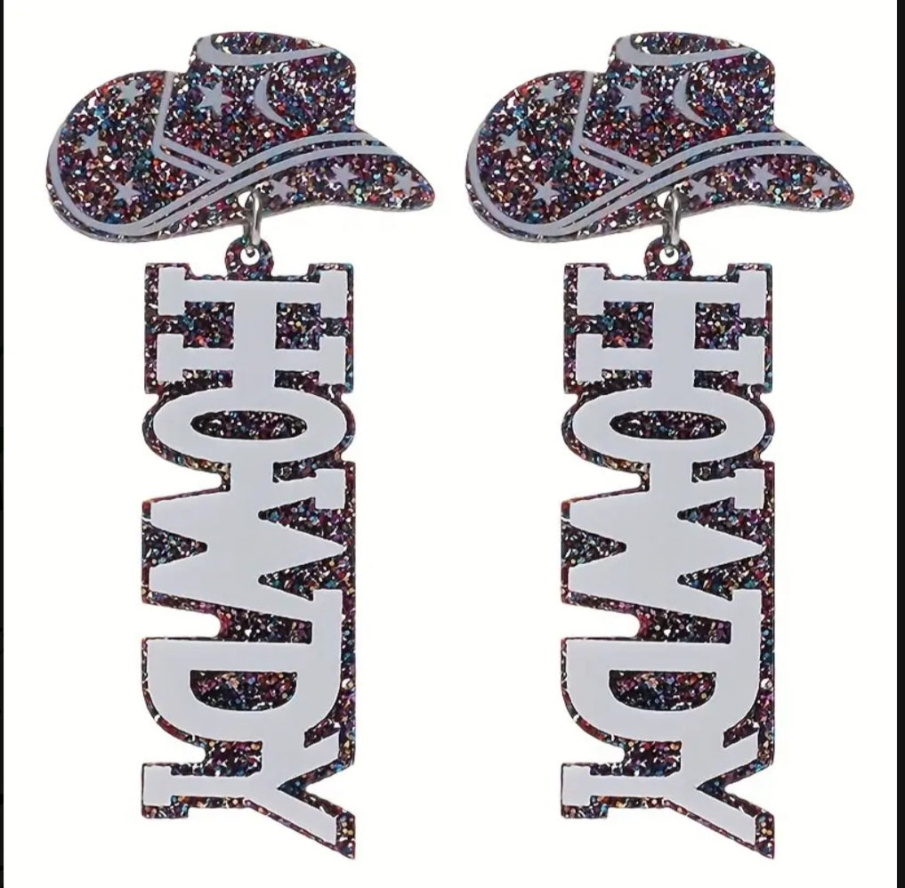 Acrylic Cowboy Hat Howdy Glitter Sparkle Extra Large Western Country Theme Drop Dangle Earrings