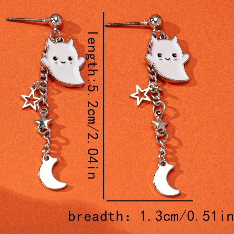 Adorable Enamel Little Devil Ghost Silver Plated Star Moon design Chain Tassle Earrings Punk Gothic Perfect For Halloween