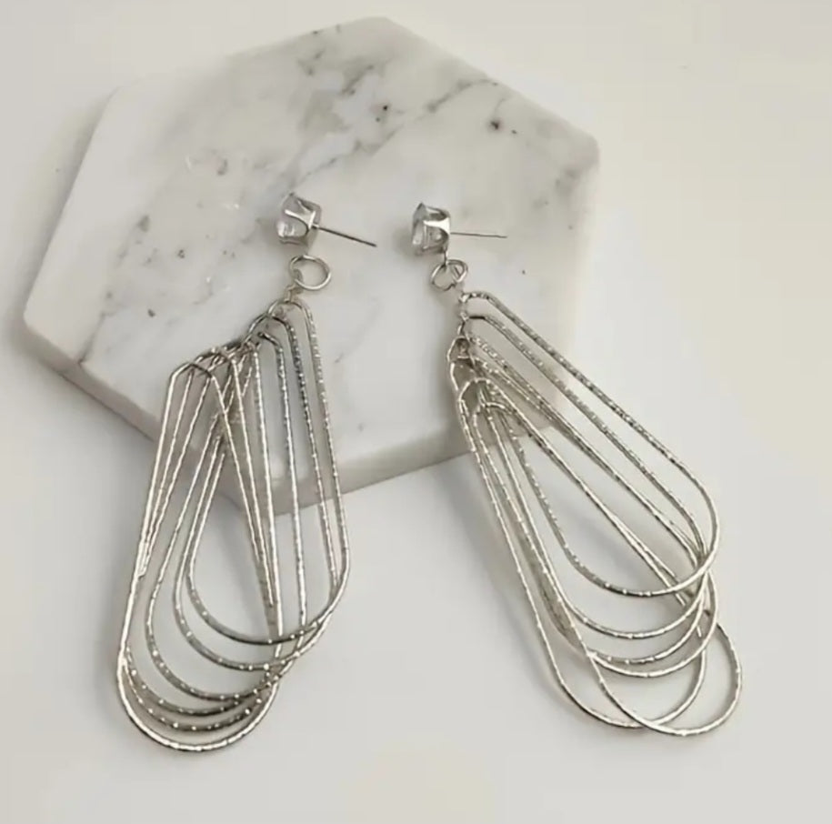 Fine Wire Multi Layer Long Teardrop Rhinestone Silver Plated Drop Dangle Earrings