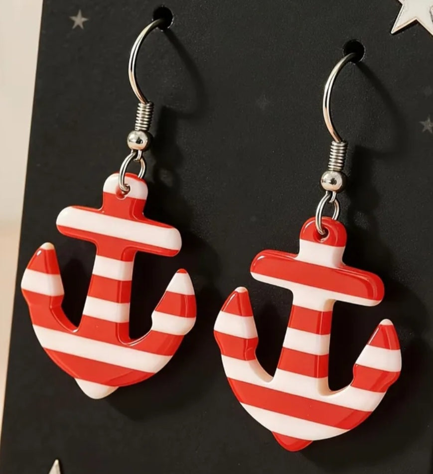 Acrylic Anchor Marine Nautical Striped Design Red White  Drop Dangle Earrings