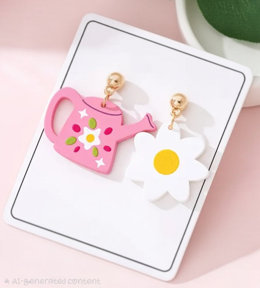 Acrylic Cartoon Daisy Flower Watering Can Garden Spring Mis-Match Drop Dangle Earrings