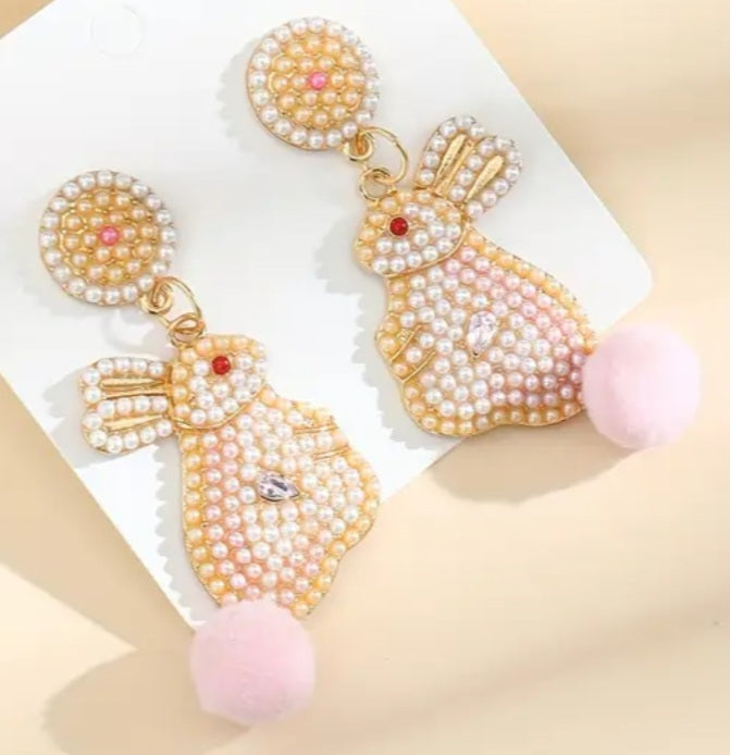Easter Bunny Faux Pearl Encrusted Gold Plated Fluffy Tail Rabbit Large Drop Dangle Earrings