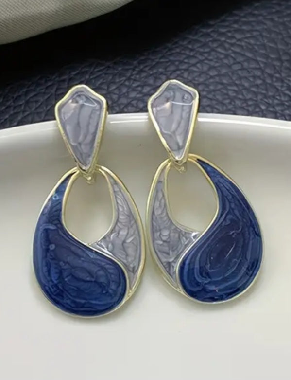 Classy Elegant Enamel Painted Blue Grey Swirl Design Gold Plated Tear Drop Dangle Earrings