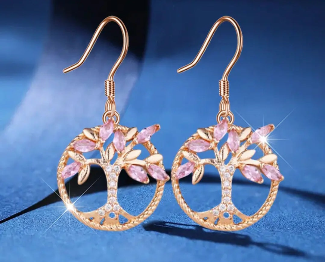 Gold Plated Pink Rhinestone Inlay Tree Of Life Design Circle Small Drop Dangle Earrings