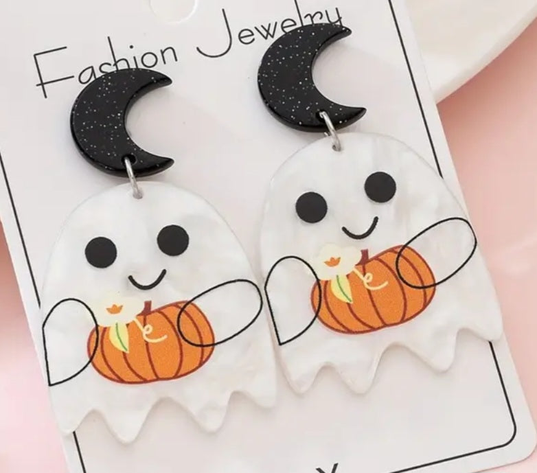 Acrylic Cartoon Ghost Pastel Pumpkin Design Halloween Cresent Moon Drop Dangle Earrings