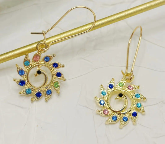 Colourful Rainbow Rhinestone Inlay Gold Plated Circle Peacock Small Drop Dangle Earrings