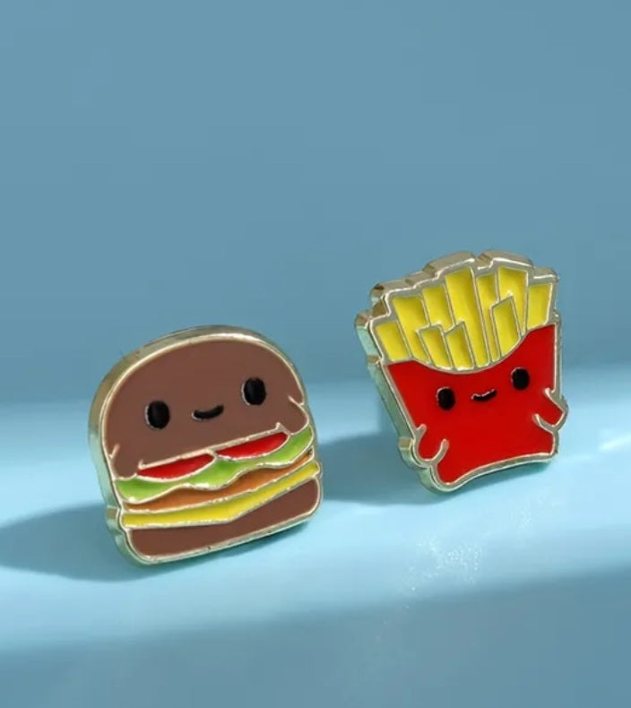 Burger French Fries Fast Food Design Enamel Gold Plated Metal Cartoon Mis-Match Irregular Stud Earrings