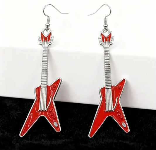 Electric Guitar Punk Rock Muscian Red Enamel Metal Design Silver Plated Drop Dangle Earrings