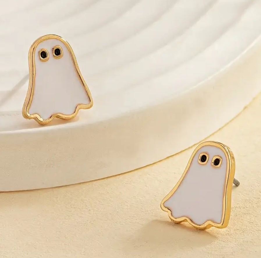 Gold Plated Enamel Painted Ghost White Gothic Punk Halloween Design Small Stud Earrings