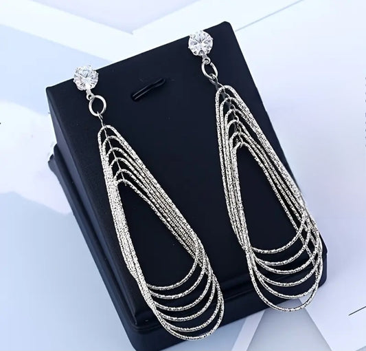 Fine Wire Multi Layer Long Teardrop Rhinestone Silver Plated Drop Dangle Earrings