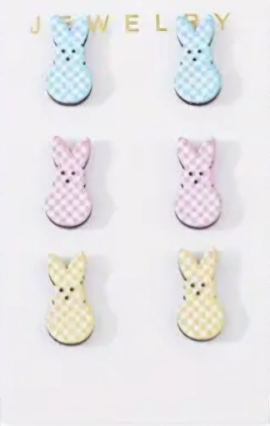 Cartoon Colourful Easter Bunny Rabbit Pastel Poka Dots Spring Small Wood Stud Earrings Set Of 3