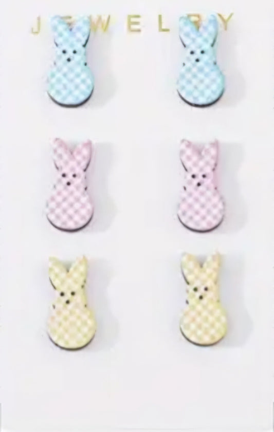 Cartoon Colourful Easter Bunny Rabbit Pastel Poka Dots Spring Small Wood Stud Earrings Set Of 3