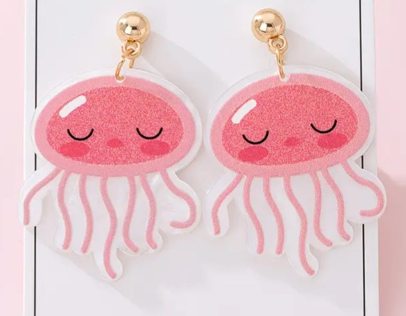 Acrylic Cartoon Jellyfish Pink Design Drop Dangle Earrings