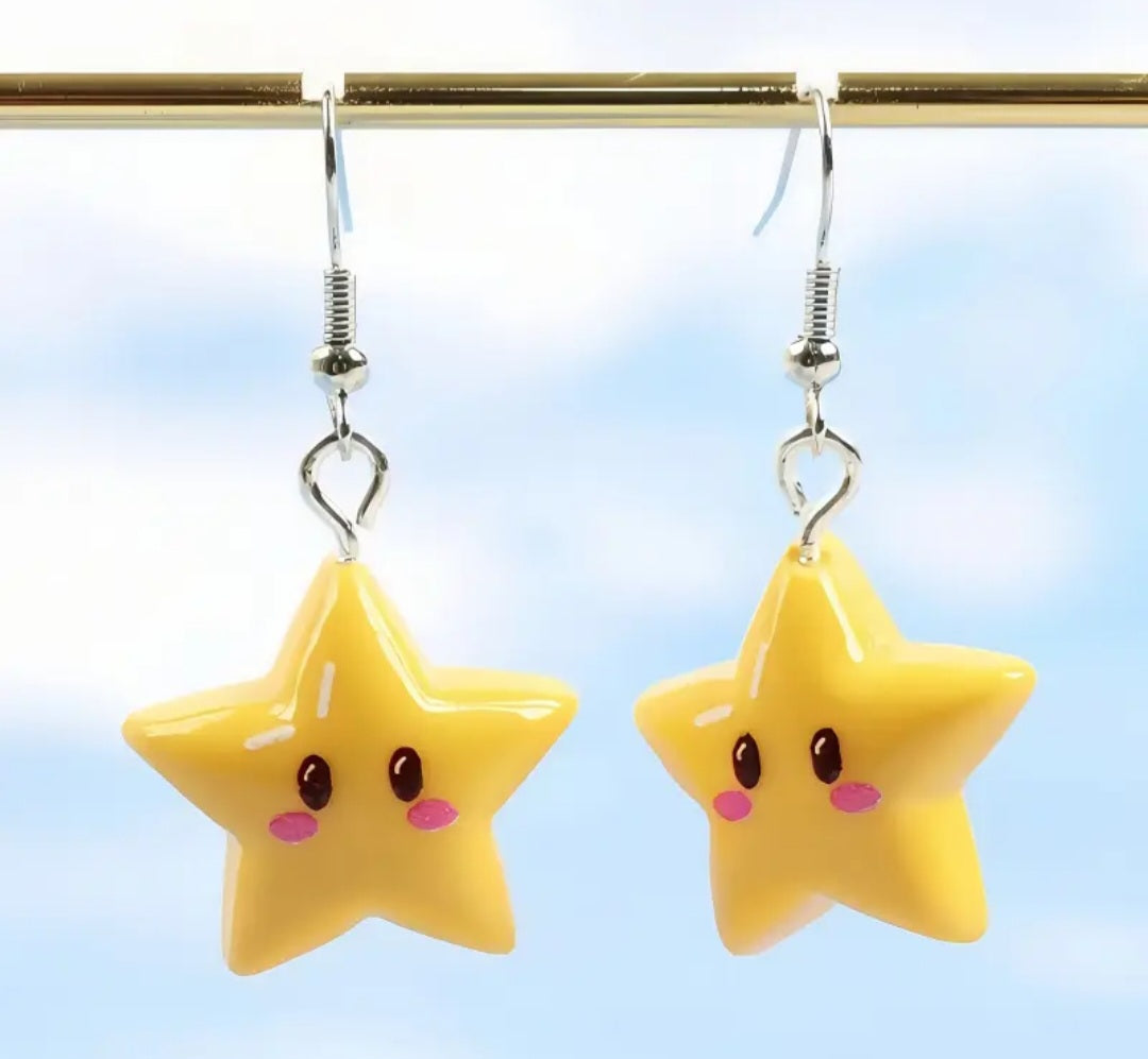 Acrylic Super Mario Power Star Inspired Video Game Drop Dangle Earrings
