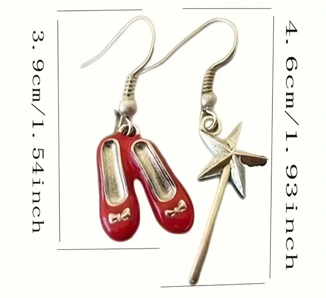 Dorothy's Ruby Red Slippers Glinda's Wand Wizard Of Oz Inspired Enamel Painted Mis-Matched Irregular Drop Dangle Earrings