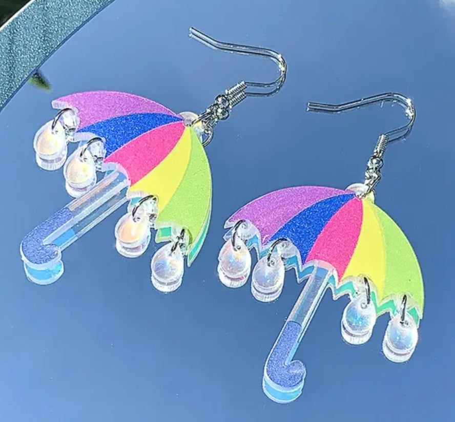 Acrylic Cartoon Colourful Rainbow Umbrella Rain Drop Design Drop Dangle Earrings