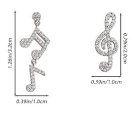 Fancy Music Note Treble Clef Rhinestone Inlay Mis-Match Silver Plated Hinged Stud Dangle Earrings