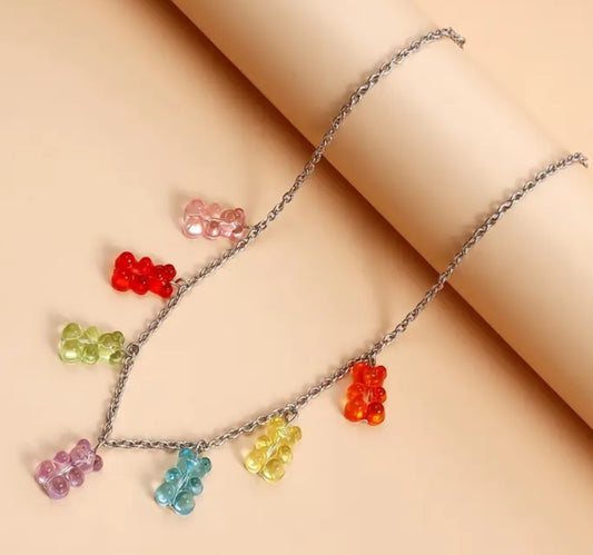 Acrylic Candy Charm Gummy Bear Lollies Theme Pendant Chain Silver Plated Necklace