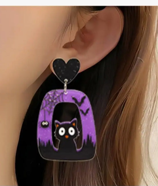 Acrylic Halloween Black Cat Heart Design Dangle Earrings