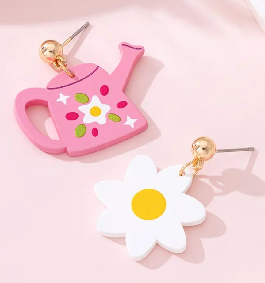 Acrylic Cartoon Daisy Flower Watering Can Garden Spring Mis-Match Drop Dangle Earrings
