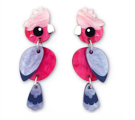 3 Part Hinged Acrylic Australia Pink And Grey Galah Cockatoo Parrot Bird Design Drop Dangle Earrings