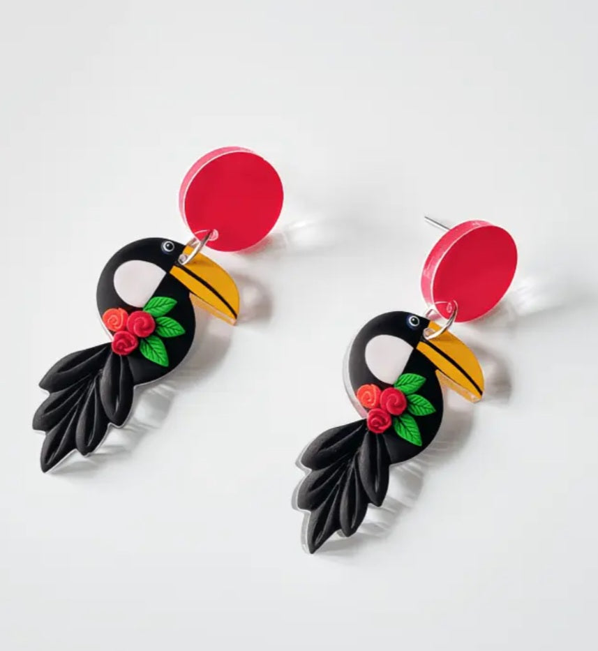 Acrylic Floral Toucan Parrot Design Drop Dangle Earrings