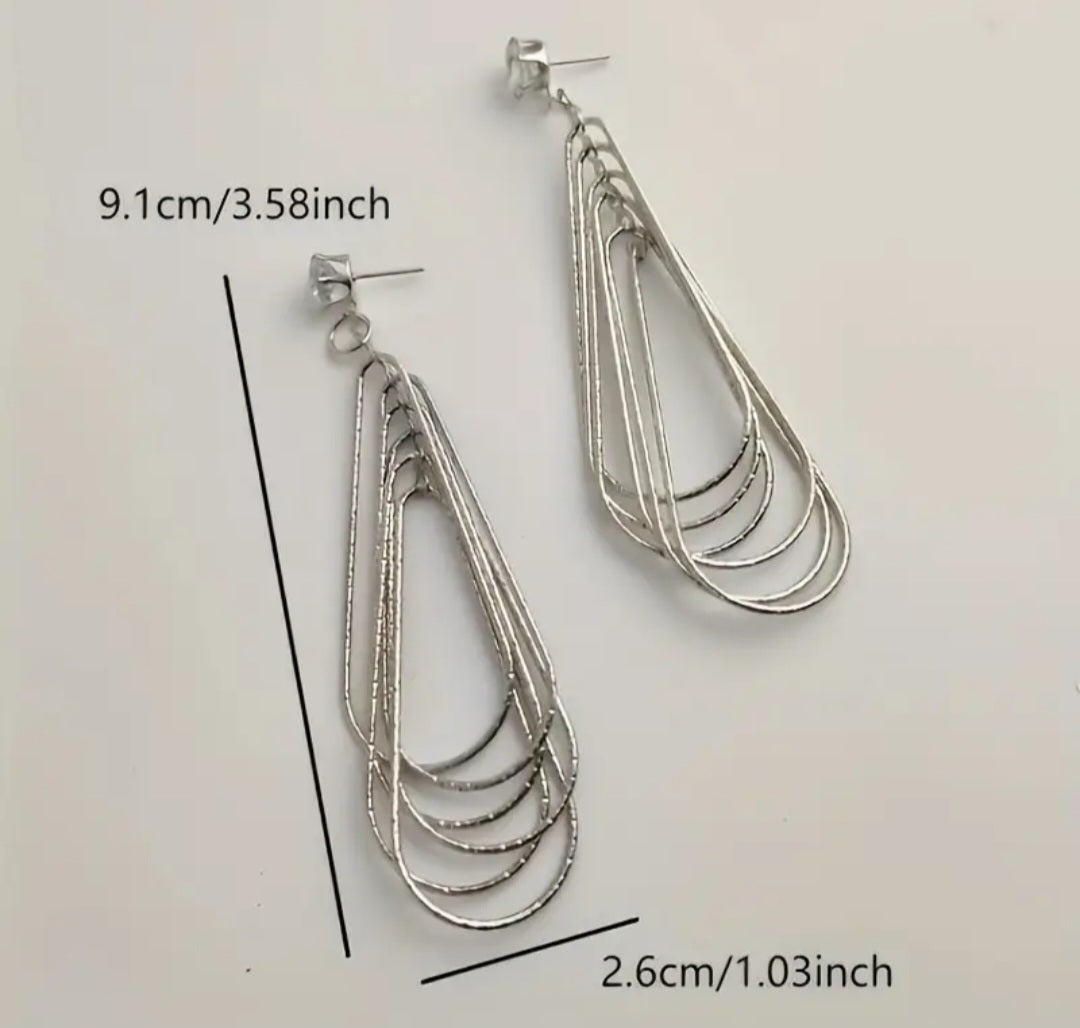 Fine Wire Multi Layer Long Teardrop Rhinestone Silver Plated Drop Dangle Earrings