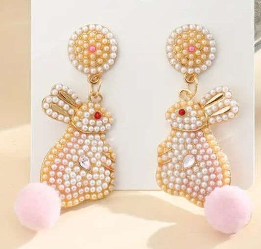 Easter Bunny Faux Pearl Encrusted Gold Plated Fluffy Tail Rabbit Large Drop Dangle Earrings
